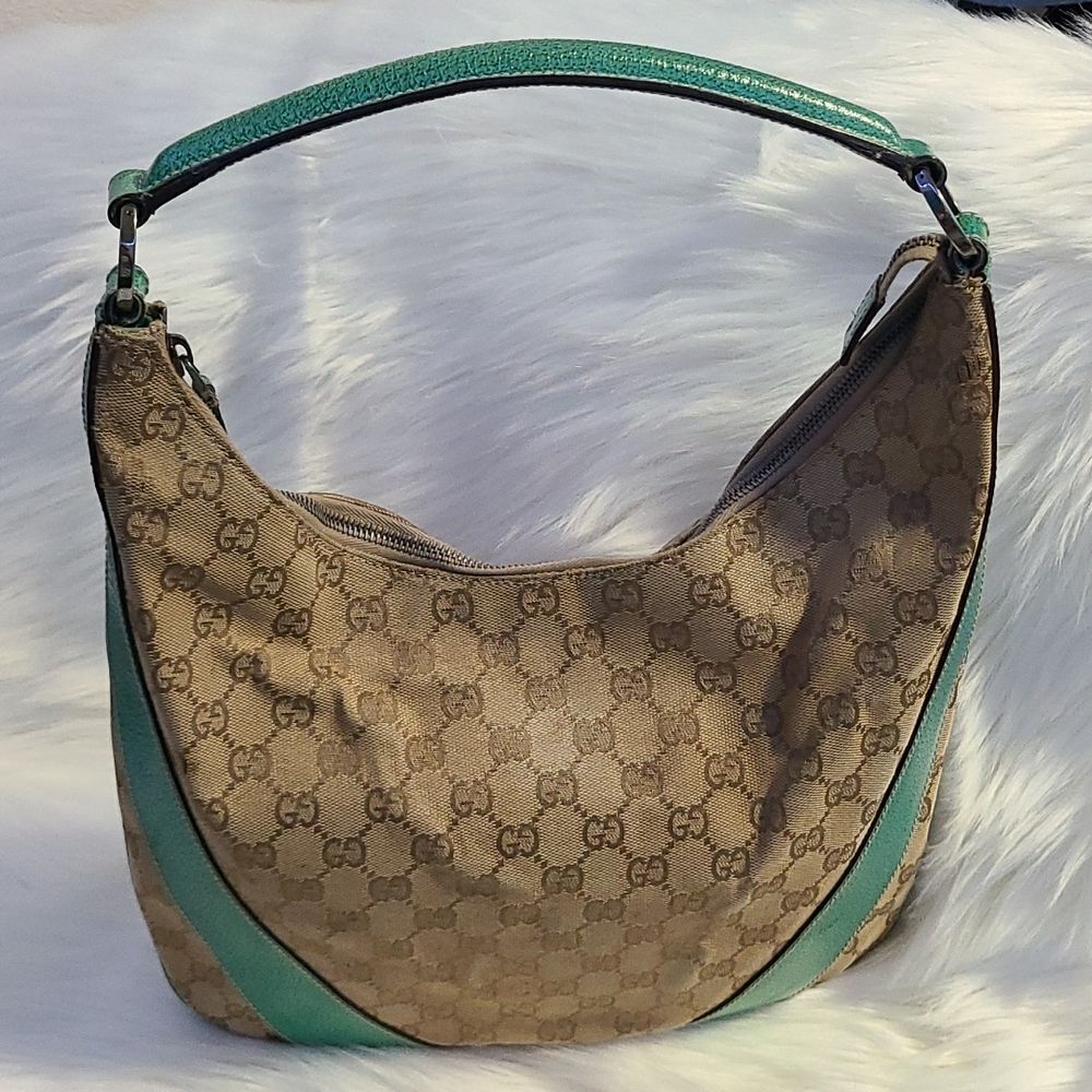 Gucci Brown Monogram Hobo Bag with Teal Trim